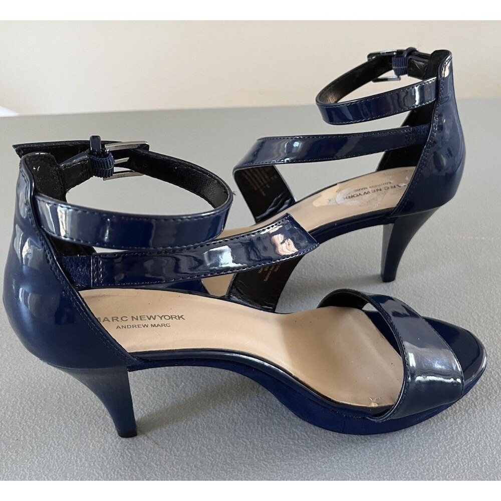Marc New York Patent Leather Strappy Ankle Buckle Heeled Sandals 8.5M Navy Blue